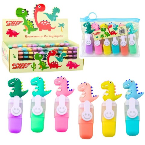 LEAN Zestaw Mini Zakreślacze Z Dinozaurem W Etui Kolorowe 6szt 8cm