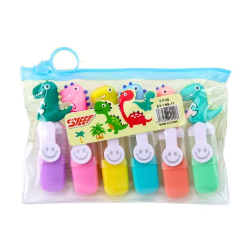 LEAN Zestaw Mini Zakreślacze Z Dinozaurem W Etui Kolorowe 6szt 8cm LEAN Zestaw Mini Zakreślacze Z Dinozaurem W Etui Kolorowe 6szt 8cm