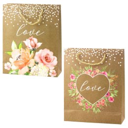LEAN Torba Prezentowa Napis Love Kwiaty Brokat 32 x 26 x 10 cm