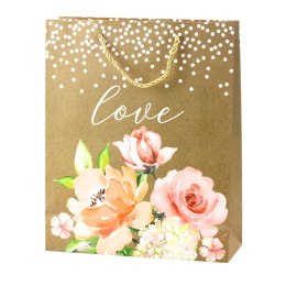 LEAN Torba Prezentowa Napis Love Kwiaty Brokat 32 x 26 x 10 cm