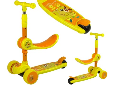 LEAN Toys Hulajnoga Trójkołowa Balansowa Siodełko Żółte Muzyka Diody Wiewiórka