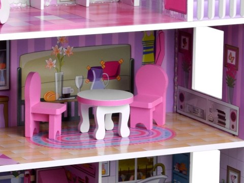 RÓŻOWY Drewniany domek dla lalek + mebelki + oświetlenie LED ZA4130 RÓŻOWY Drewniany domek dla lalek + mebelki + oświetlenie LED ZA4130