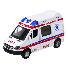 LEAN Toys Karetka Ambulans Metalowy Z Napędem Pull Back Światła Dźwięki Biały 1:32