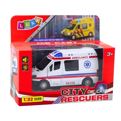 LEAN Toys Karetka Ambulans Metalowy Z Napędem Pull Back Światła Dźwięki Biały 1:32 LEAN Toys Karetka Ambulans Metalowy Z Napędem Pull Back Światła Dźwięki Biały 1:32