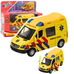 LEAN Toys Karetka Ambulans Metalowy Z Napędem Pull Back Światła Dźwięki Żółty 1:32