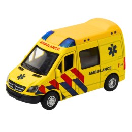 LEAN Toys Karetka Ambulans Metalowy Z Napędem Pull Back Światła Dźwięki Żółty 1:32