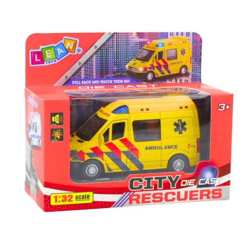 LEAN Toys Karetka Ambulans Metalowy Z Napędem Pull Back Światła Dźwięki Żółty 1:32 LEAN Toys Karetka Ambulans Metalowy Z Napędem Pull Back Światła Dźwięki Żółty 1:32