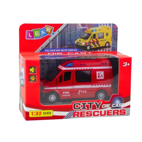 LEAN Toys Samochód Strażacki Metalowy Napęd Pull Back Światła Dźwięki Czerwony 1:32 LEAN Toys Samochód Strażacki Metalowy Napęd Pull Back Światła Dźwięki Czerwony 1:32
