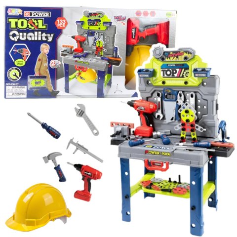 LEAN Toys Stolik Majsterkowicza Walizka 2w1 Zestaw Narzędzi Wkrętarka Kask 133 el.