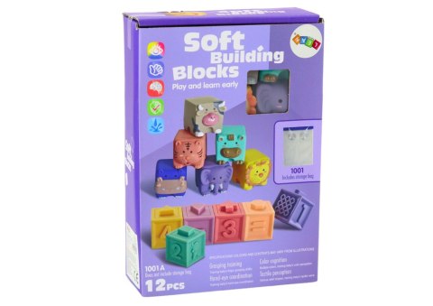 LEAN Toys Miękkie Klocki Edukacyjne Zwierzęta Liczby Litery Kolorowe 12 Szt