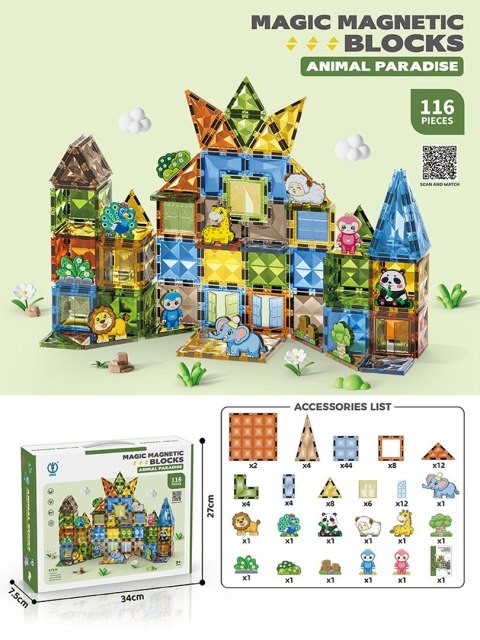 Zestaw Klocków Magnetycznych 116el. Zwierzątka