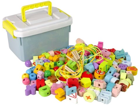 LEAN Toys Drewniane Klocki Koraliki Zestaw Edukacyjny Litery Liczby Do Nawlekania