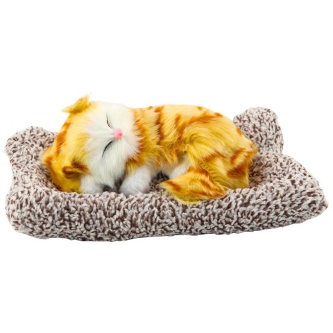 LEAN Toys Śpiący Rudy Kot Na Poduszce Figurka z Futerkiem Torba Dźwięki