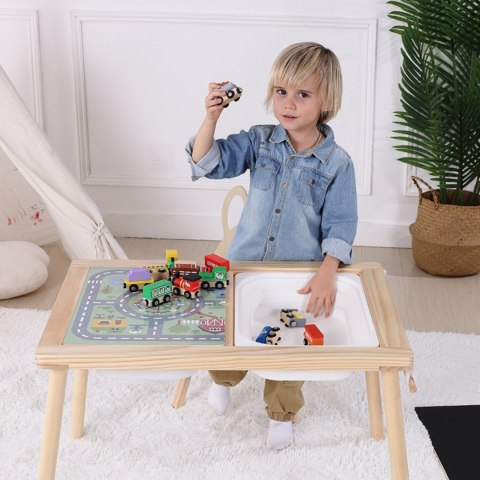 WOOPIE GREEN Drewniany Stolik Aktywności 4w1 Tablica Kredowa Pojemniki Mapa Miasta Papier Rysunkowy