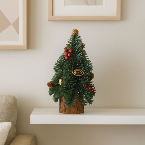 LEAN Choinka Ozdobna Dekoracyjna Na Pniu Czerwona Jarzębina Szyszki 26 x 12 cm