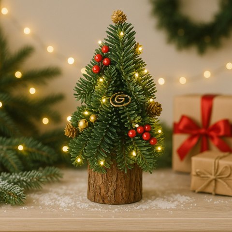 LEAN Choinka Ozdobna Dekoracyjna Na Pniu Czerwona Jarzębina Szyszki 26 x 12 cm