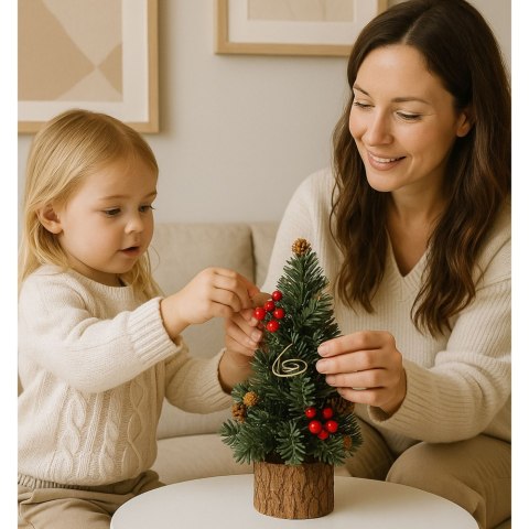 LEAN Choinka Ozdobna Dekoracyjna Na Pniu Czerwona Jarzębina Szyszki 26 x 12 cm