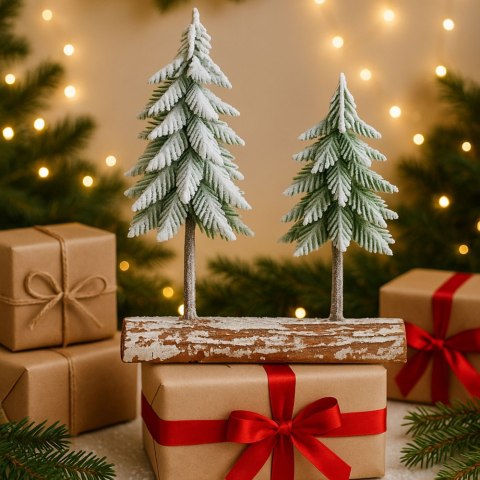 LEAN Dekoracja Kompozycja Świąteczna Choinki Na Pniu Pokryte Śniegiem 34 x 28 cm