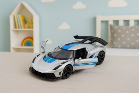 LEAN TOYS Samochód Wyścigowy Sportowy Metalowy Napęd Otwierane Drzwi Srebrny 1:32