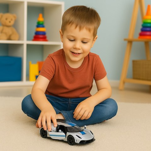 LEAN TOYS Samochód Wyścigowy Sportowy Metalowy Napęd Otwierane Drzwi Srebrny 1:32