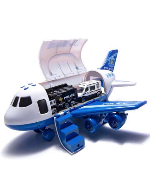 WOOPIE Samolot Rozkładany Transporter Policja z 3 Autami Policyjnymi Zestaw XL Znaki Drogowe
