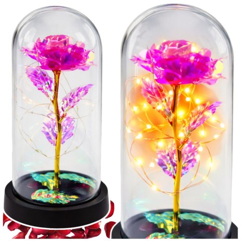 LEAN Wieczna Kryształowa Róża w Kopule z Oświetleniem LED Różowa 21x11cm