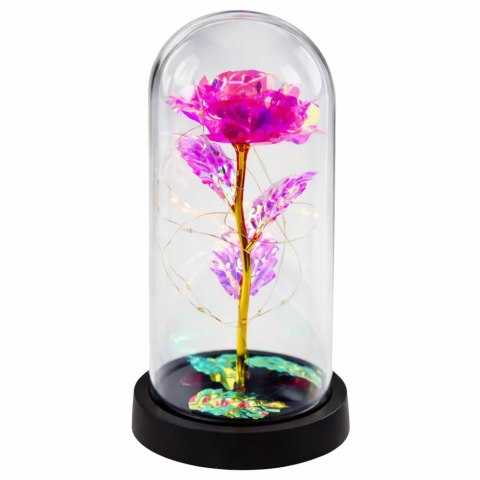 LEAN Wieczna Kryształowa Róża w Kopule z Oświetleniem LED Różowa 21x11cm