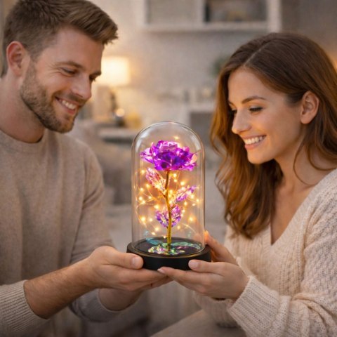 LEAN Wieczna Kryształowa Róża w Kopule z Oświetleniem LED Różowa 21x11cm