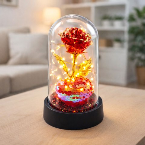 LEAN Wieczna Róża Kryształowa w Kopule z Oświetleniem LED z Serduszkiem 14x8cm