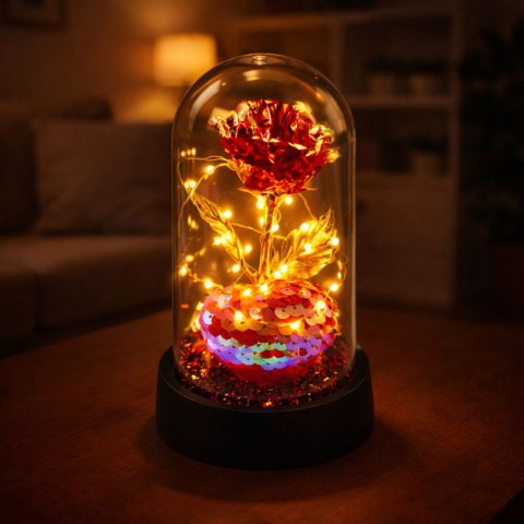 LEAN Wieczna Róża Kryształowa w Kopule z Oświetleniem LED z Serduszkiem 14x8cm