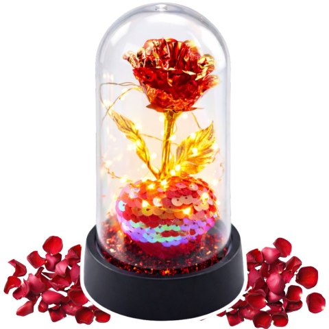 LEAN Wieczna Róża Kryształowa w Kopule z Oświetleniem LED z Serduszkiem 14x8cm