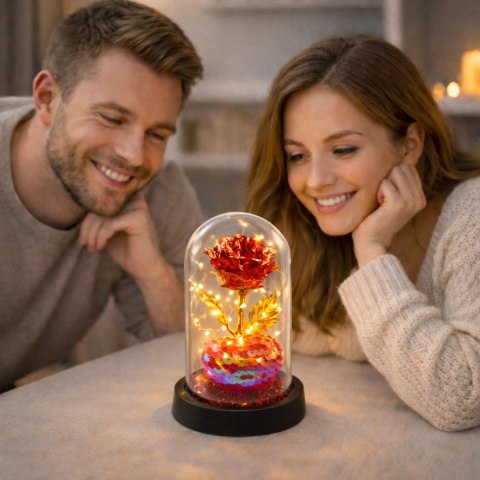 LEAN Wieczna Róża Kryształowa w Kopule z Oświetleniem LED z Serduszkiem 14x8cm