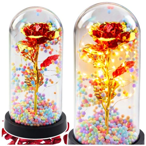 LEAN Wieczna Róża W Kopule Kryształowa Oświetlenie LED Kuleczki Czerwona 21x11cm