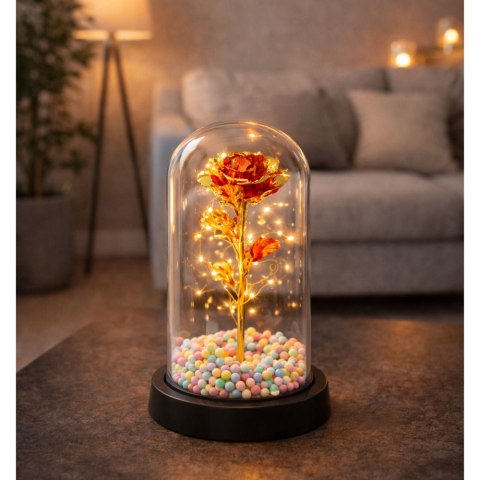 LEAN Wieczna Róża W Kopule Kryształowa Oświetlenie LED Kuleczki Czerwona 21x11cm