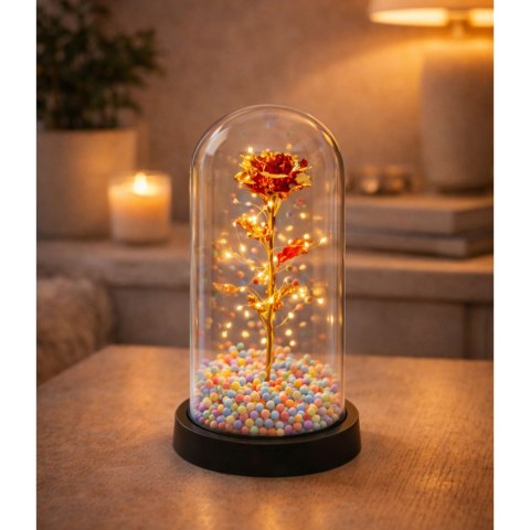 LEAN Wieczna Róża W Kopule Kryształowa Oświetlenie LED Kuleczki Czerwona 21x11cm