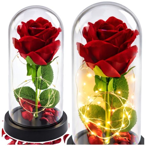LEAN Wieczna Róża w Kopule z Oświetleniem LED Czerwona 21x11cm