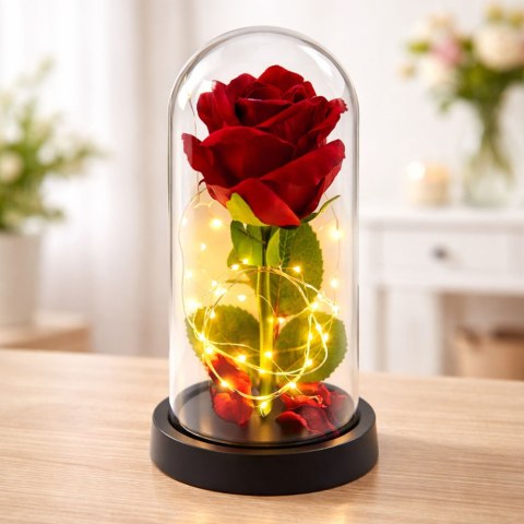 LEAN Wieczna Róża w Kopule z Oświetleniem LED Czerwona 21x11cm