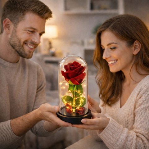 LEAN Wieczna Róża w Kopule z Oświetleniem LED Czerwona 21x11cm