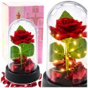 LEAN Wieczna Róża w Kopule z Oświetleniem LED Czerwona z Płatkami Róż 14x8cm