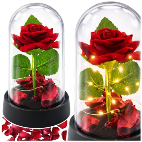 LEAN Wieczna Róża w Kopule z Oświetleniem LED Czerwona z Płatkami Róż 14x8cm