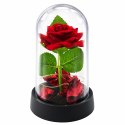 LEAN Wieczna Róża w Kopule z Oświetleniem LED Czerwona z Płatkami Róż 14x8cm