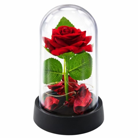 LEAN Wieczna Róża w Kopule z Oświetleniem LED Czerwona z Płatkami Róż 14x8cm