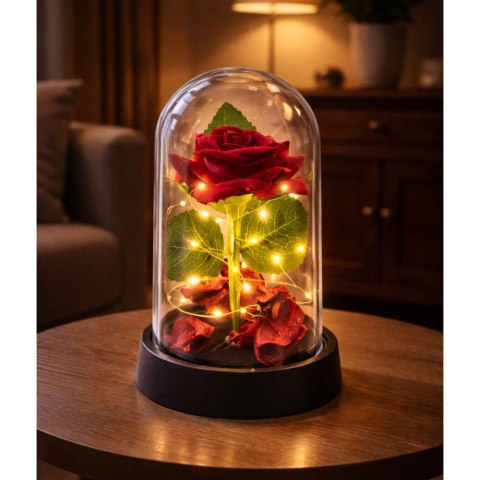 LEAN Wieczna Róża w Kopule z Oświetleniem LED Czerwona z Płatkami Róż 14x8cm