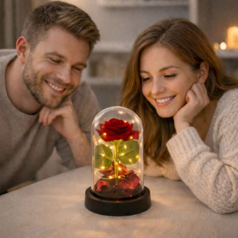 LEAN Wieczna Róża w Kopule z Oświetleniem LED Czerwona z Płatkami Róż 14x8cm