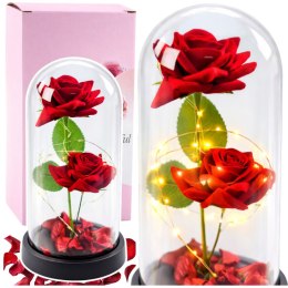 LEAN Wieczne 2 Róże w Kopule z Oświetleniem LED i Płatkami Róż Czerwone 21x11cm