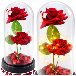 LEAN Wieczne 2 Róże w Kopule z Oświetleniem LED i Płatkami Róż Czerwone 21x11cm