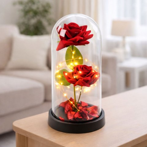 LEAN Wieczne 2 Róże w Kopule z Oświetleniem LED i Płatkami Róż Czerwone 21x11cm