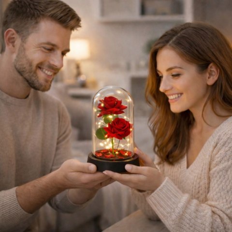 LEAN Wieczne 2 Róże w Kopule z Oświetleniem LED i Płatkami Róż Czerwone 21x11cm