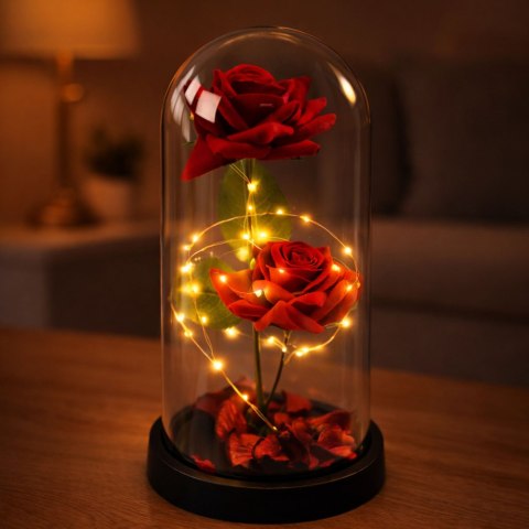 LEAN Wieczne 2 Róże w Kopule z Oświetleniem LED i Płatkami Róż Czerwone 21x11cm