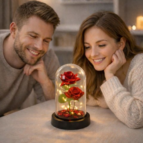 LEAN Wieczne 2 Róże w Kopule z Oświetleniem LED i Płatkami Róż Czerwone 21x11cm